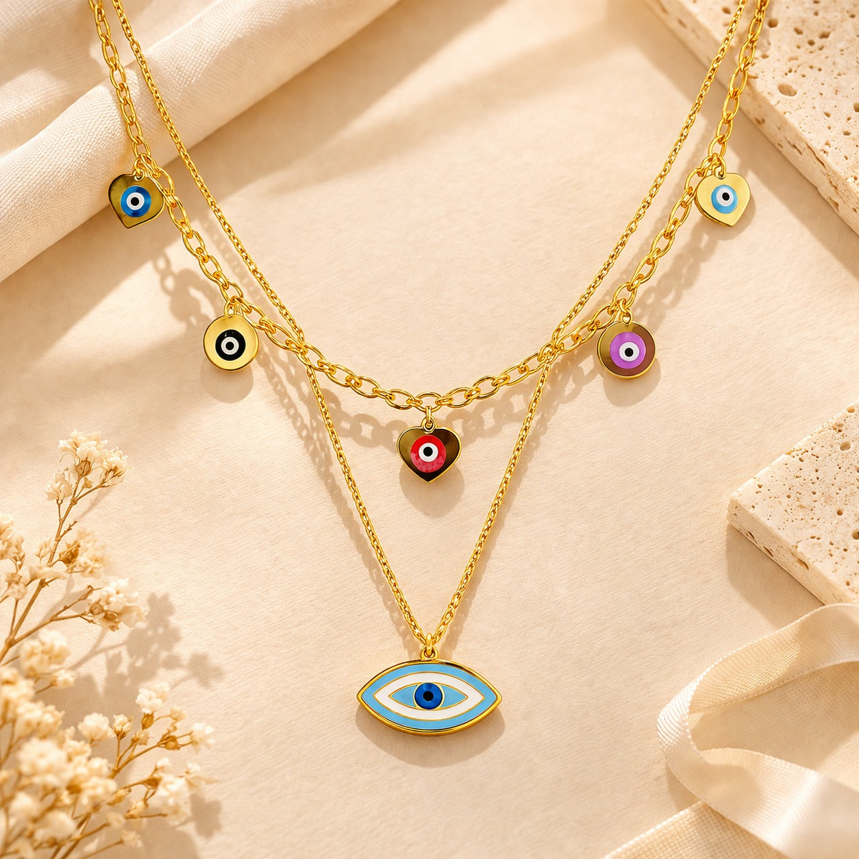 18k Gold Plated Evil Eye Layered Necklace