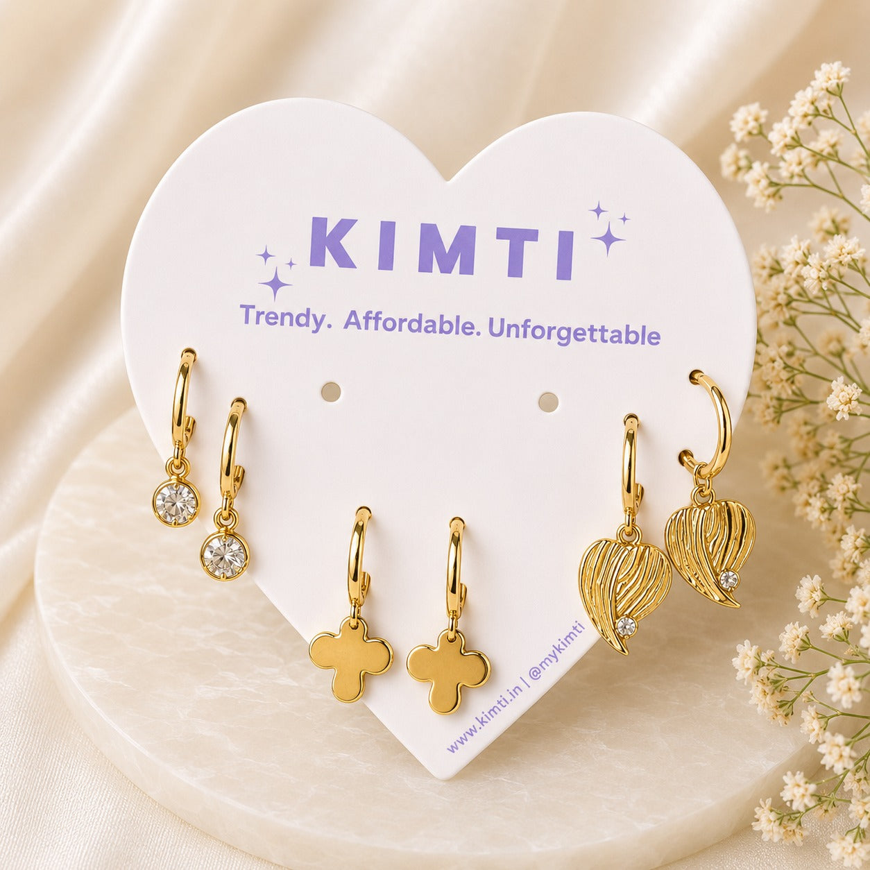 3 Pair Gold Hoop Charm Earring Set