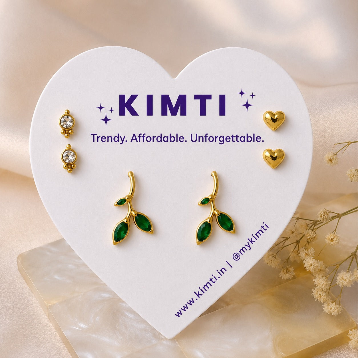 KIMTI Emerald Leaf Glam Combo Card Studs Earring