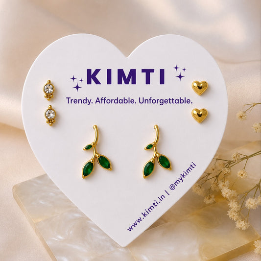 KIMTI Emerald Leaf Glam Combo Card Studs Earring