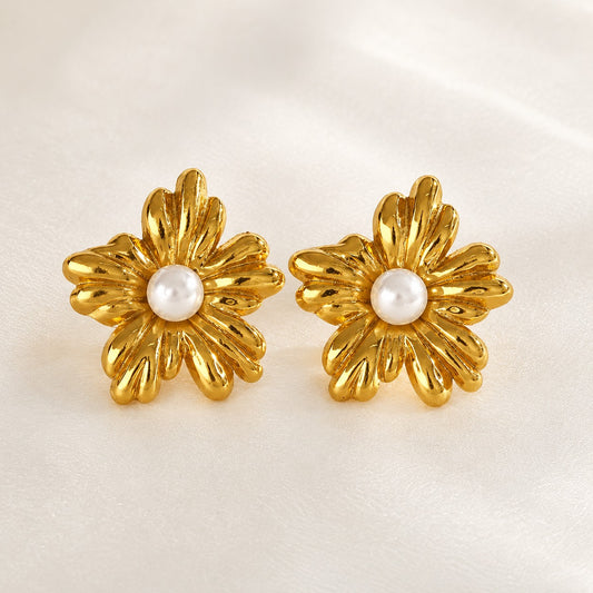 Golden Daisy Pearl Gold Plated Stud Earrings for Women