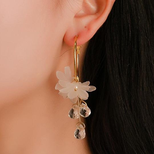 White Flower Hoop Earrings