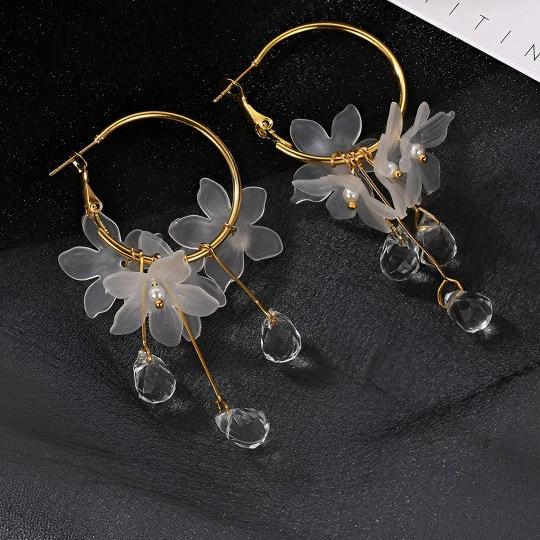 White Flower Hoop Earrings