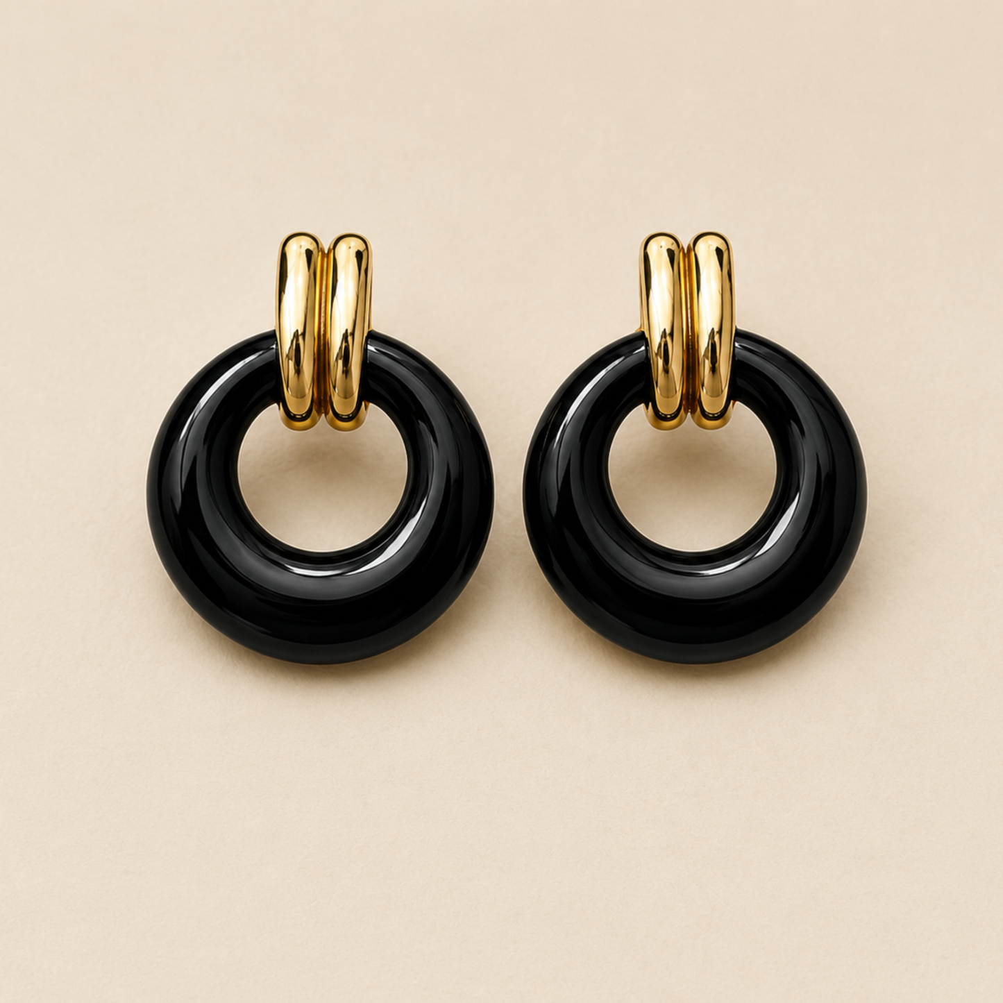 18K Gold Plated Black Onyx Gold Hoop Earrings