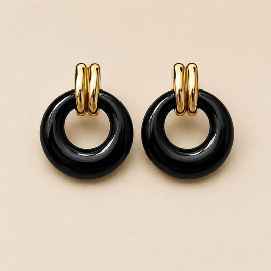 18K Gold Plated Black Onyx Gold Hoop Earrings