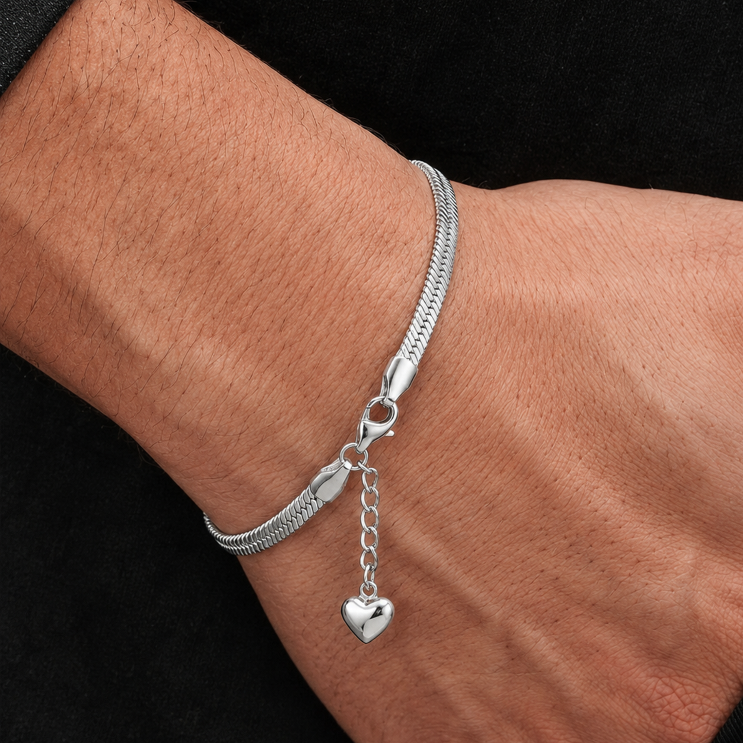 Men - Silver Heart Herringbone Bracelet
