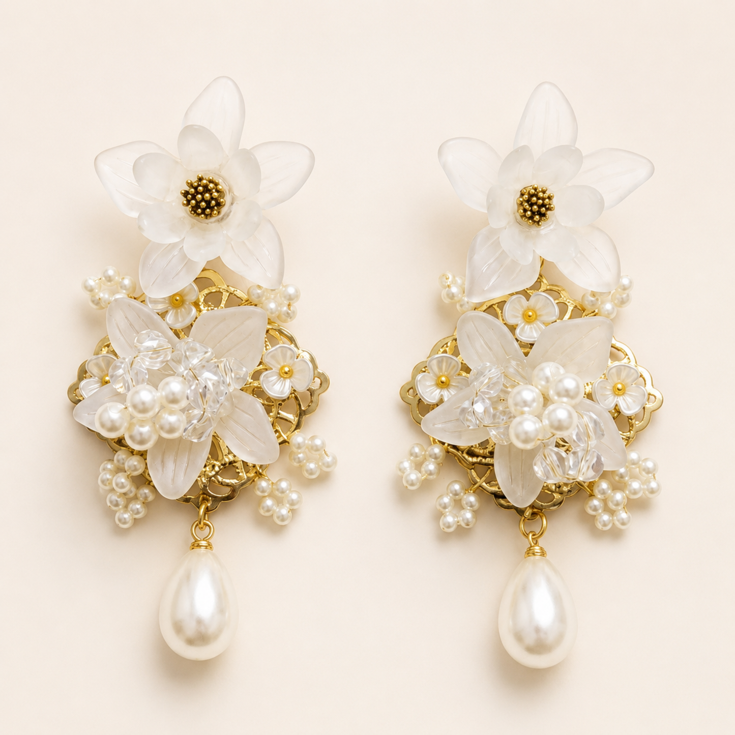 White Orchid Pearl Dangle Earrings