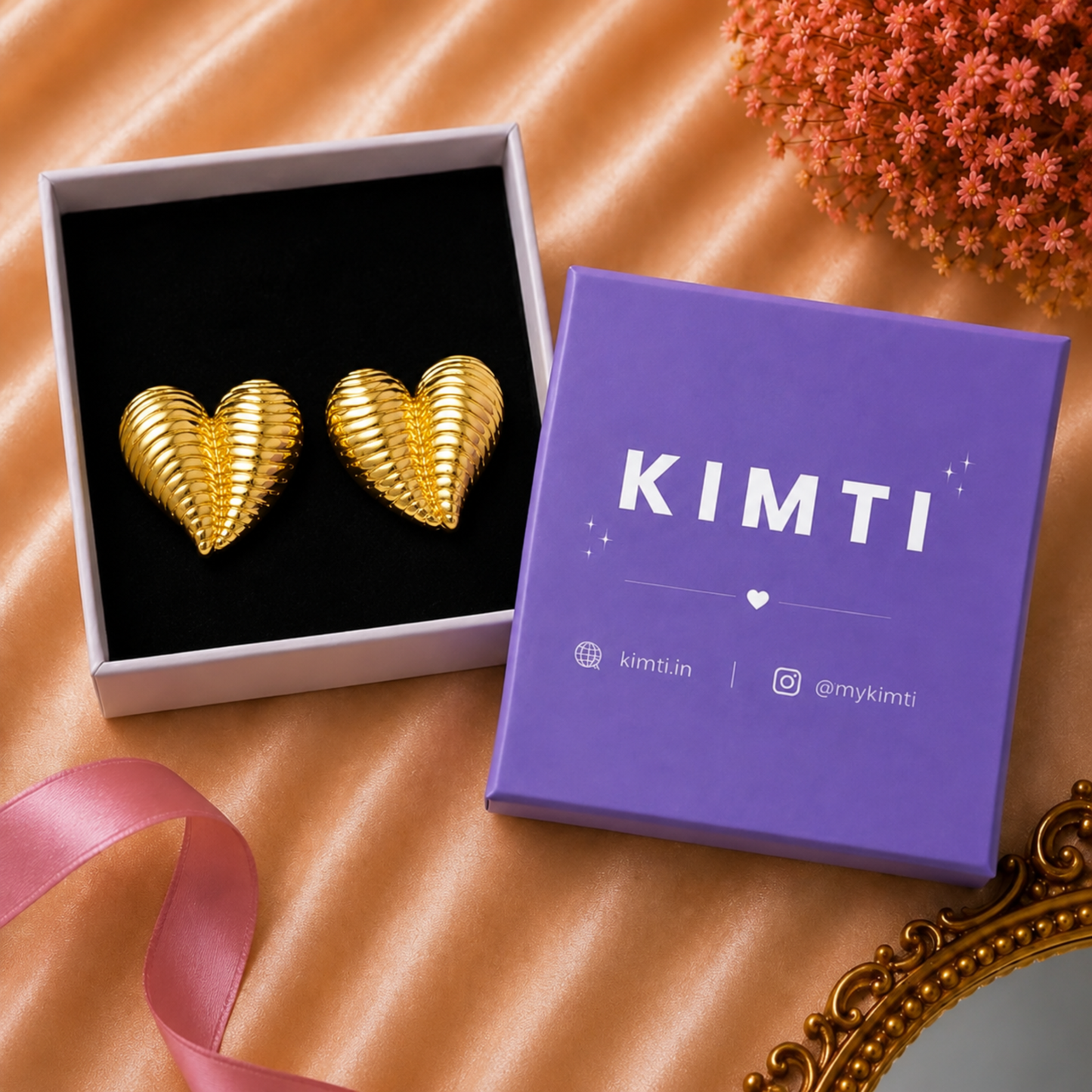 18K Gold Plated Ribbed Heart Stud Earrings