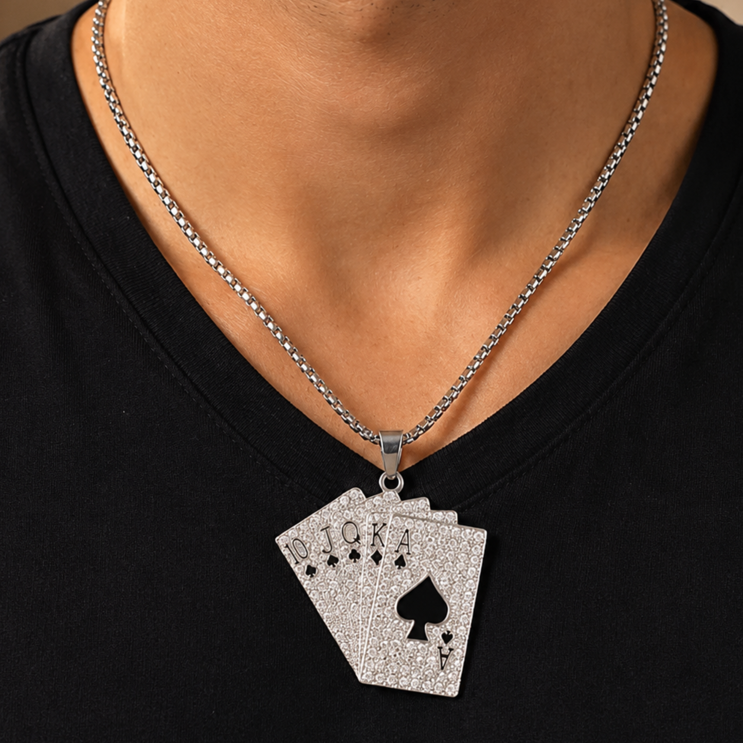 Men - Silver Plated Stellar Aura Black Poker Cards Chain