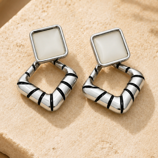 Silver Geo Square Drop Earrings