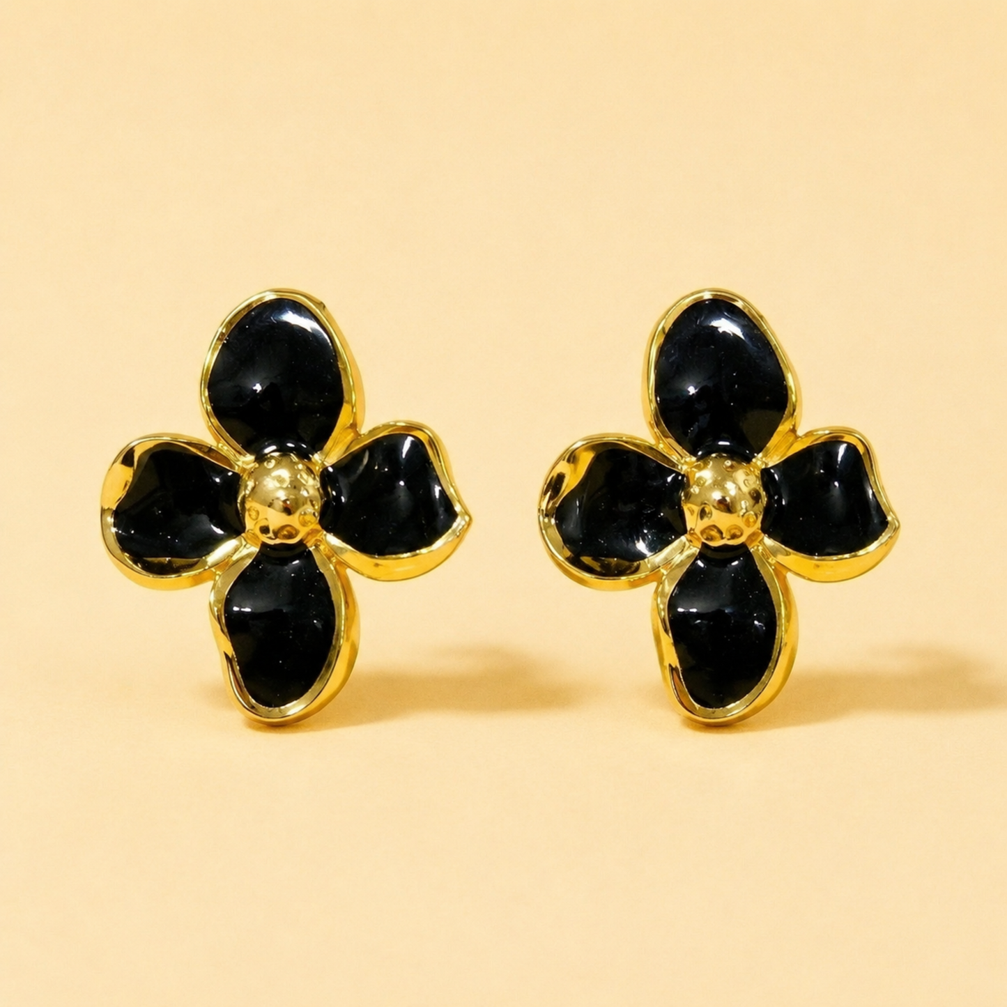 18K Gold Plated Black Bloom Floral Stud Earrings