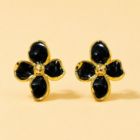 18K Gold Plated Black Bloom Floral Stud Earrings