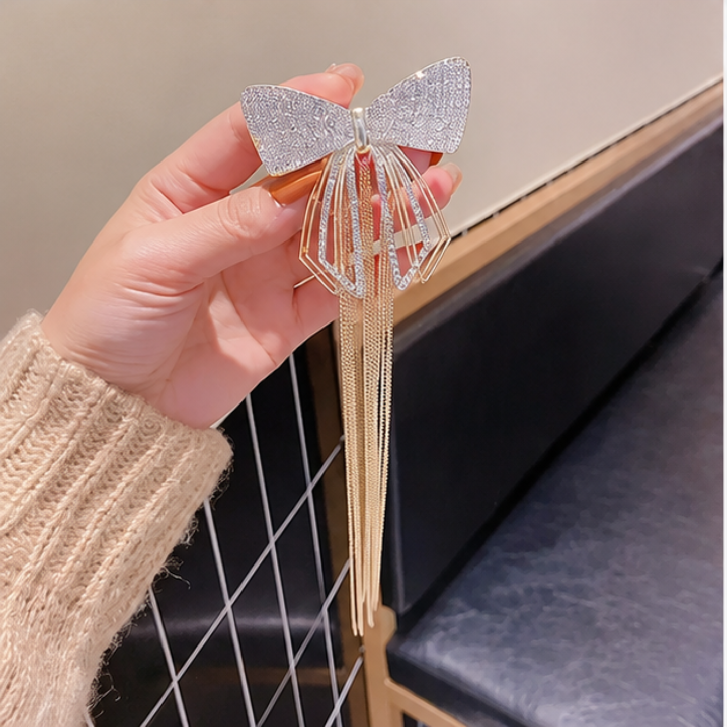 Crystal Bow Tassel Hair Clip