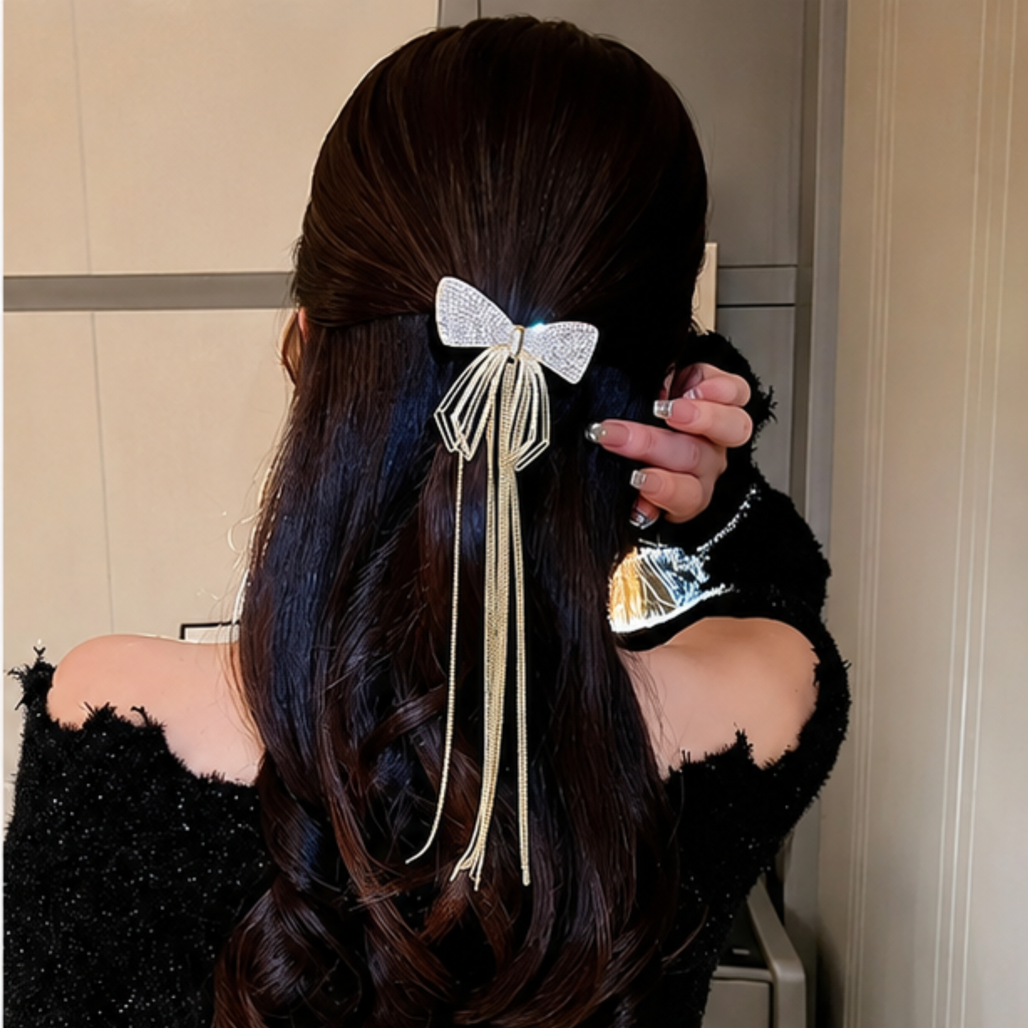 Crystal Bow Tassel Hair Clip