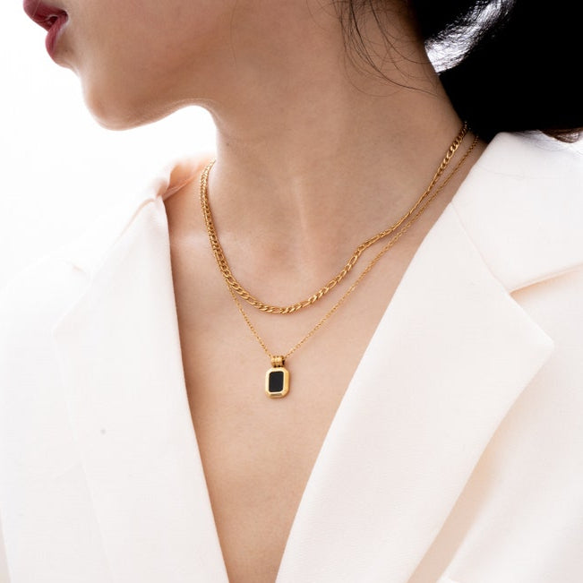 Gold Double Layered Black Square Pendant Necklace