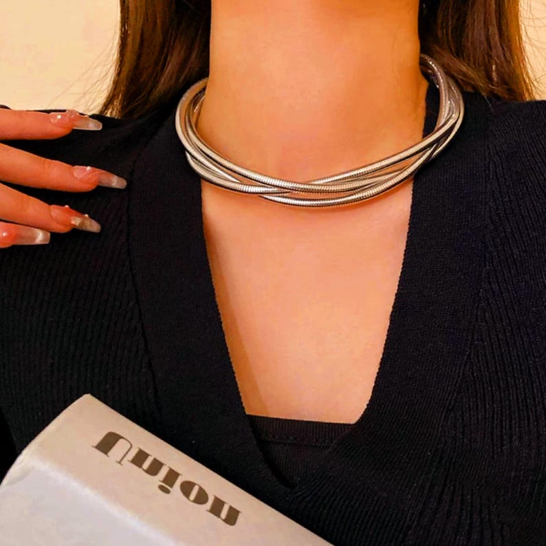 Silver Triple Line Wrap Choker Necklace