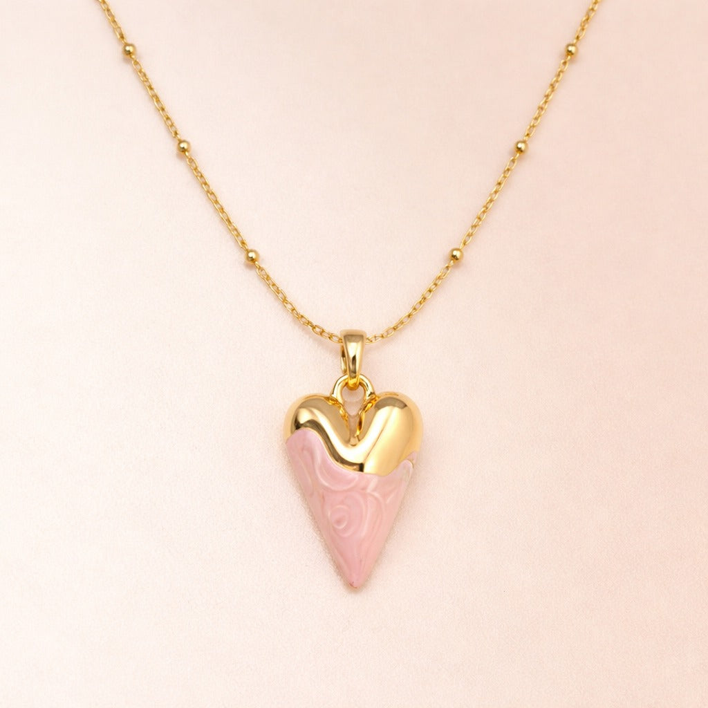Pink Enamel Heart Charm Necklace