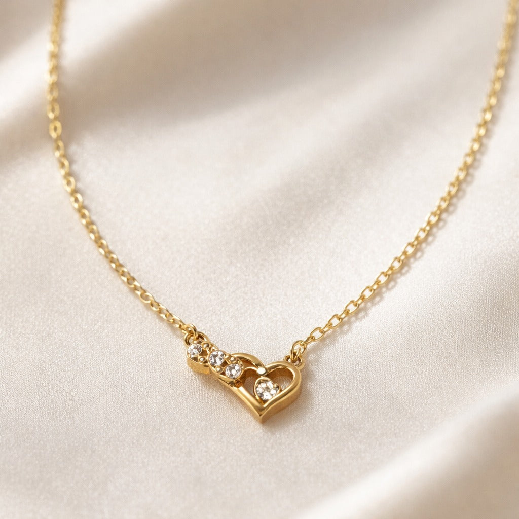 18k Gold Plated Sparkle Twin Heart Gold Necklace