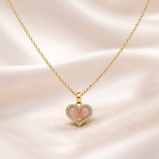 18K Gold Plated Crystal Pink Heart Charm Necklace