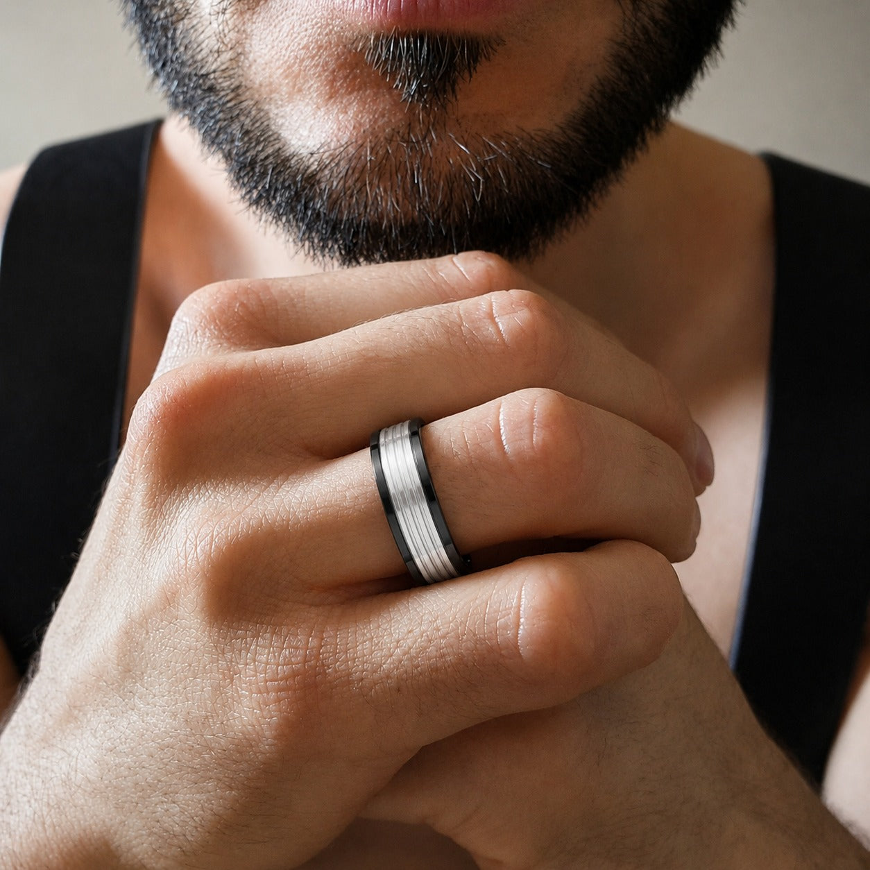 Men - Anti Tarnish Silver Shadow Line Band Ring