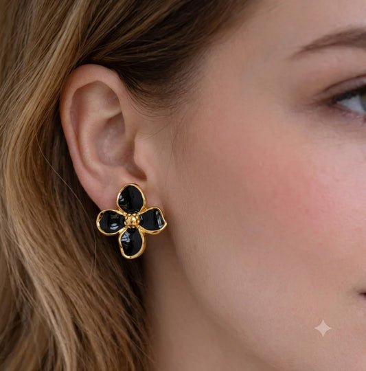 18K Gold Plated Black Bloom Floral Stud Earrings