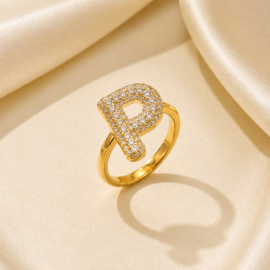 18K Gold Plated Diamond P Sparkle Statement Ring