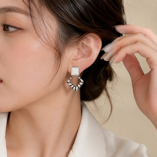 Silver Geo Square Drop Earrings