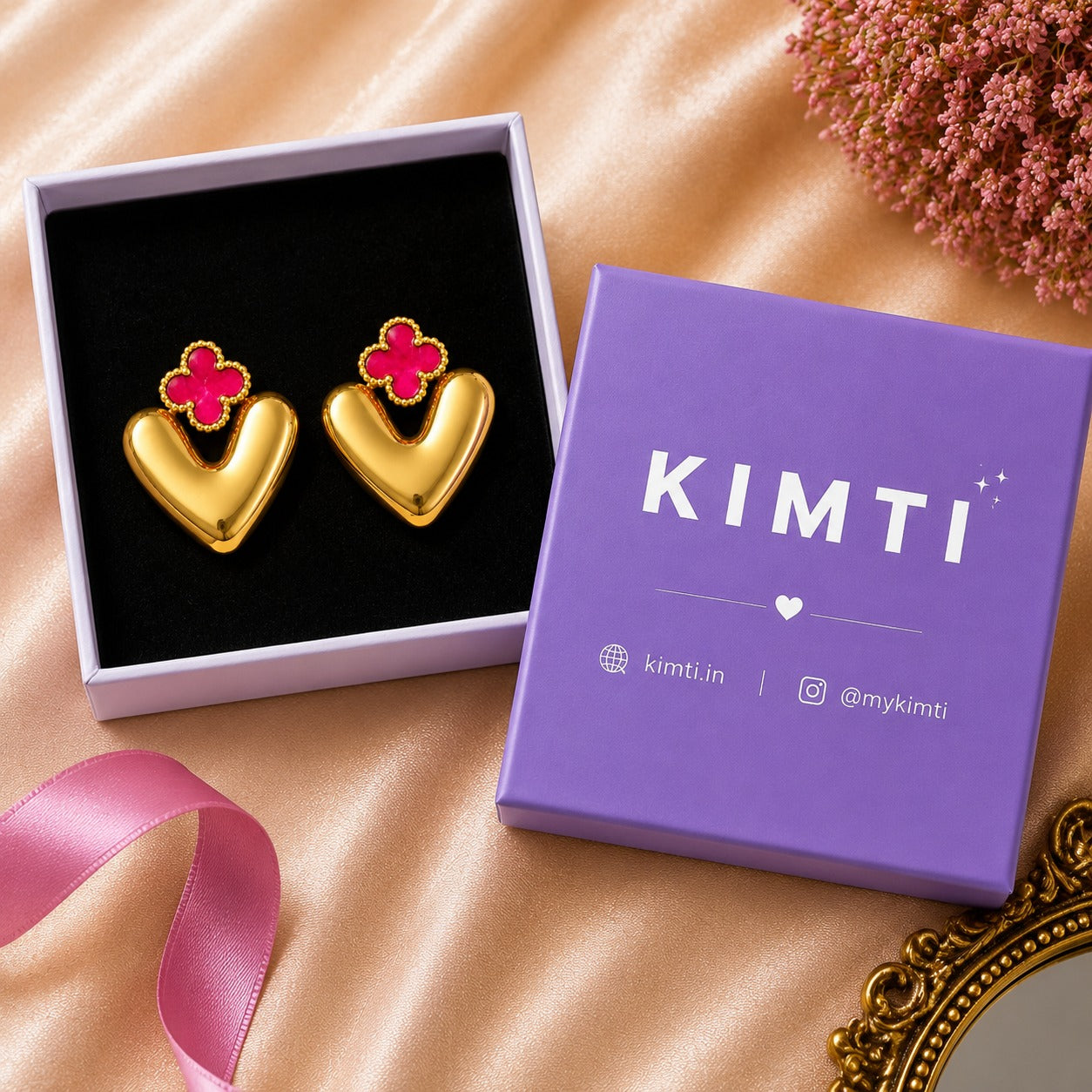 18K Gold Plated Puffy Heart & Pink Clover Earrings