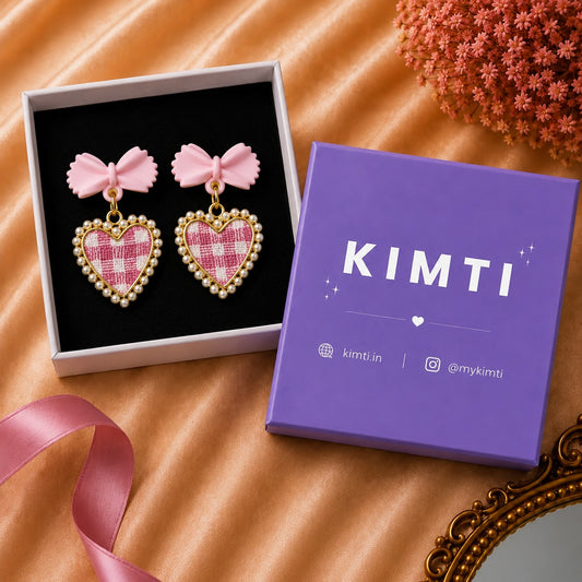 Pink Bow Heart Checkered Earrings