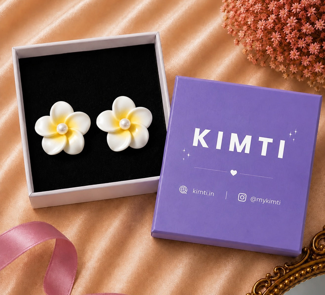 White & Yellow Plumeria Pearl Floral Earring