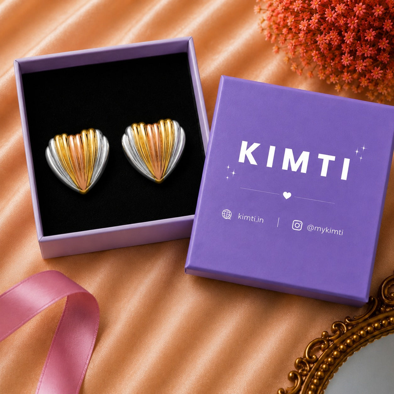 18K Gold Plated Tricolor Heart Stud Earrings