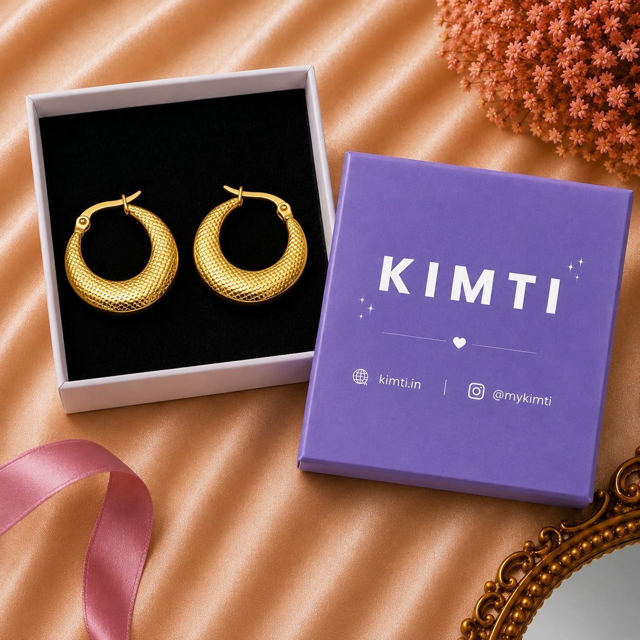 18K Gpld PlatedGolden Texture Hoop Earrings