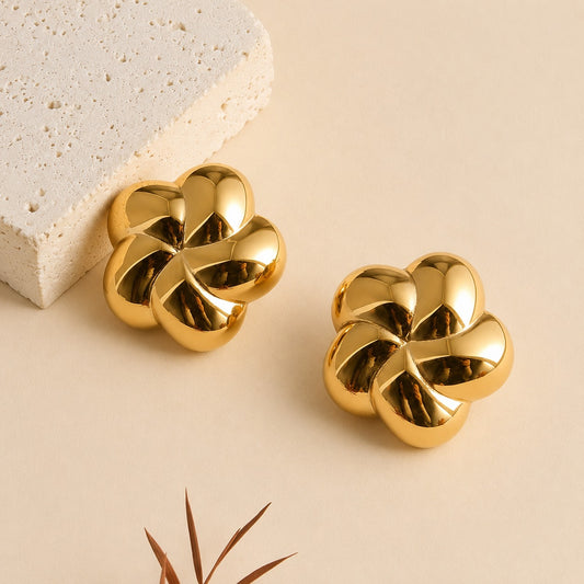 18K Gold Plated Flower Engraved Stud Anti Tarnish Earring