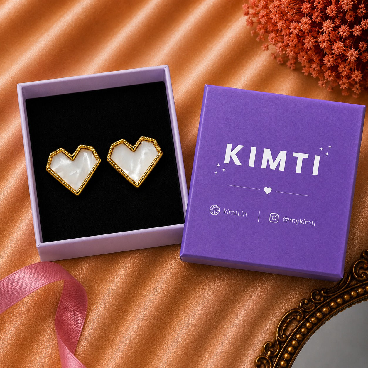 Heart Pearl Enamel Gold Earrings
