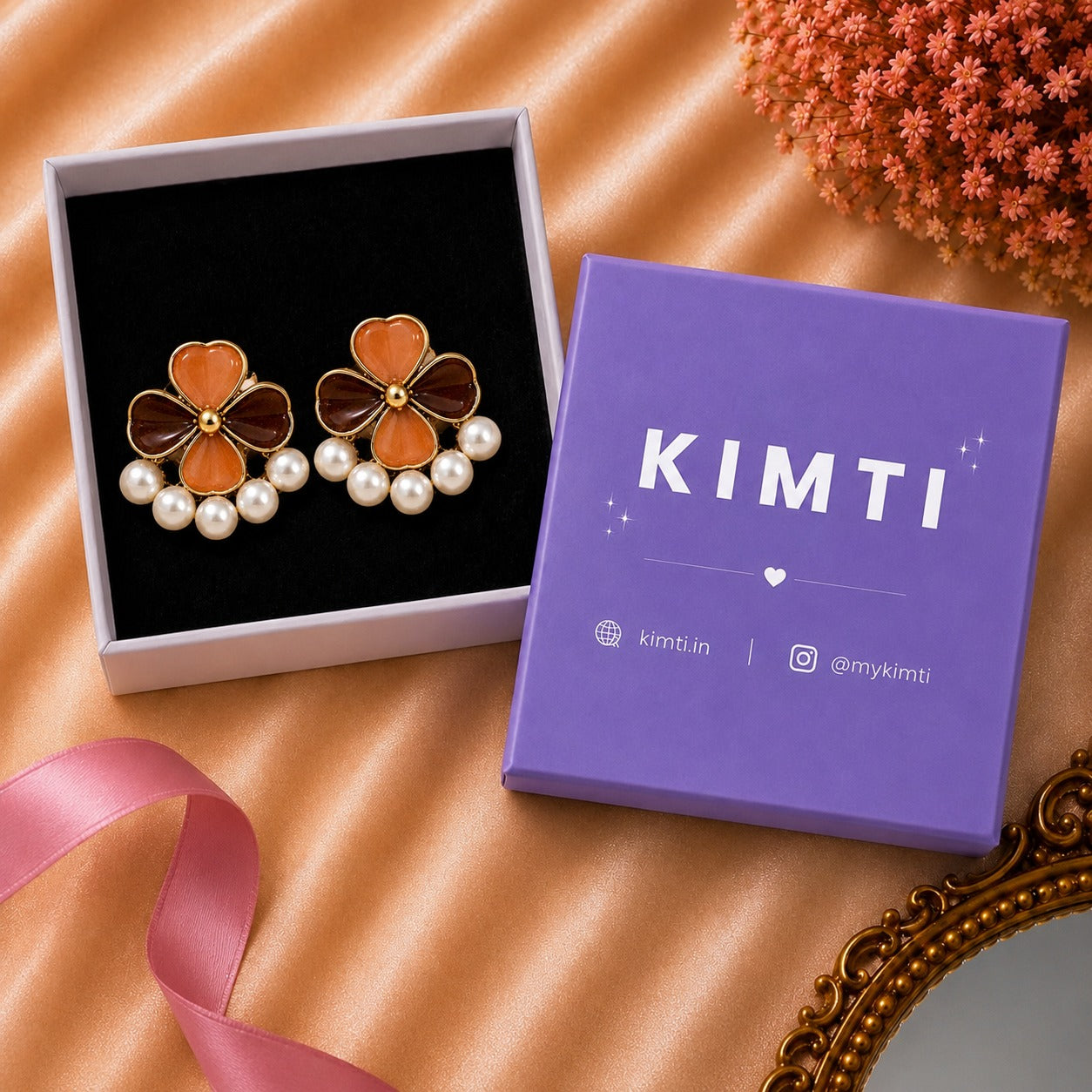 Orange Floral Rhinestone Earrings