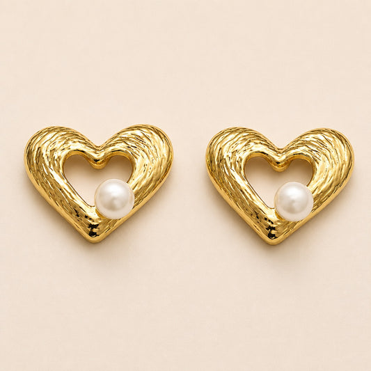 Elegant Open Heart Pearl Stud Earrings