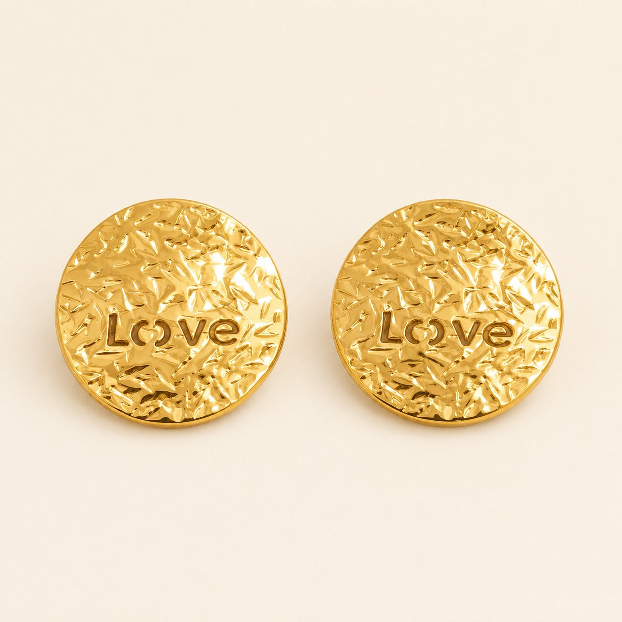 18K Gold Plated Round Textured Love Stud Earrings