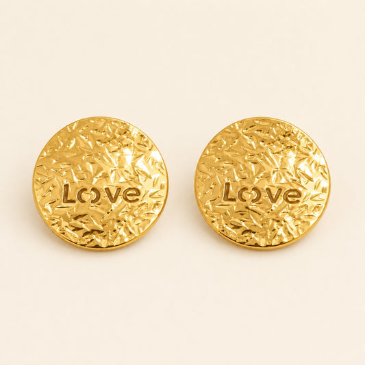 18K Gold Plated Round Textured Love Stud Earrings