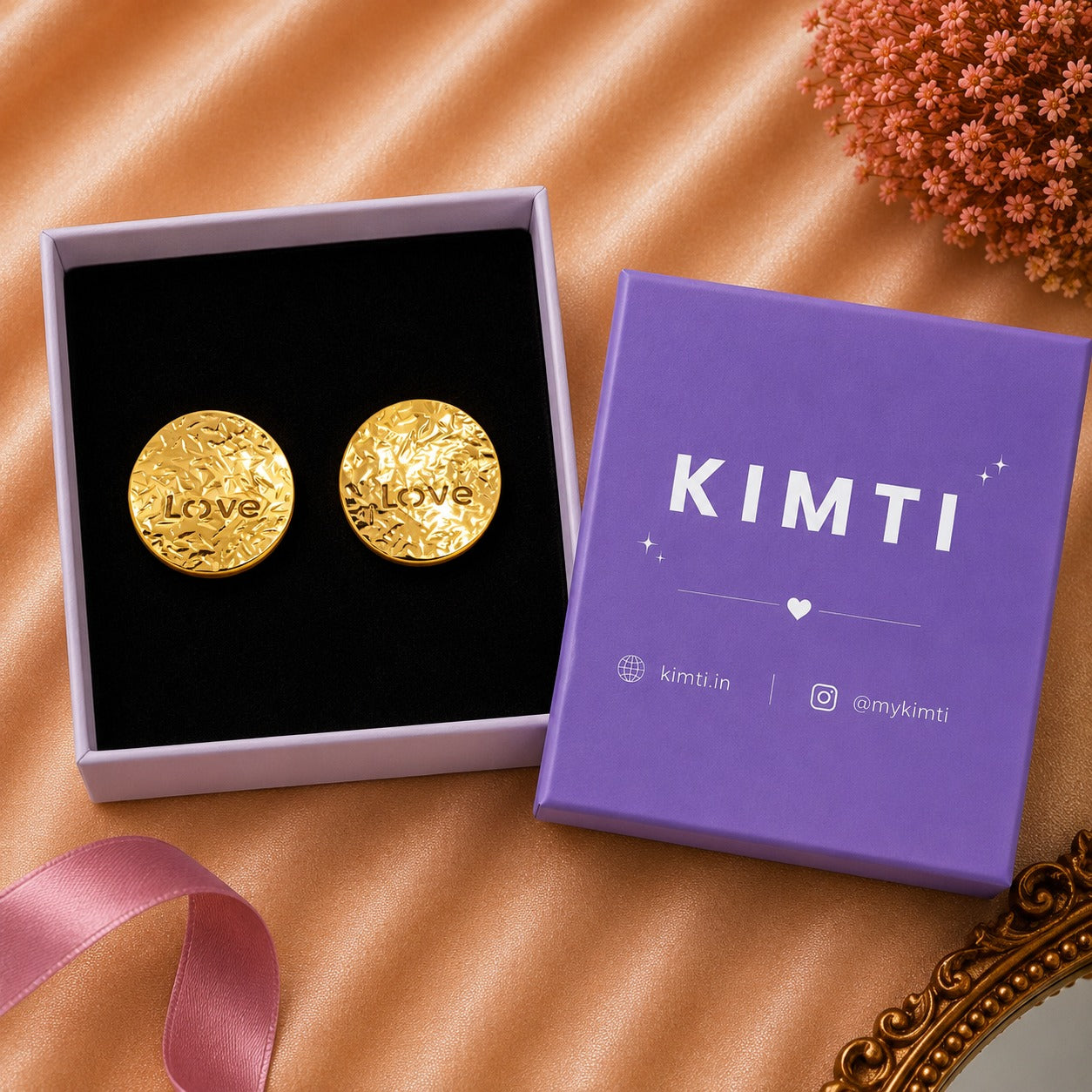 18K Gold Plated Round Textured Love Stud Earrings