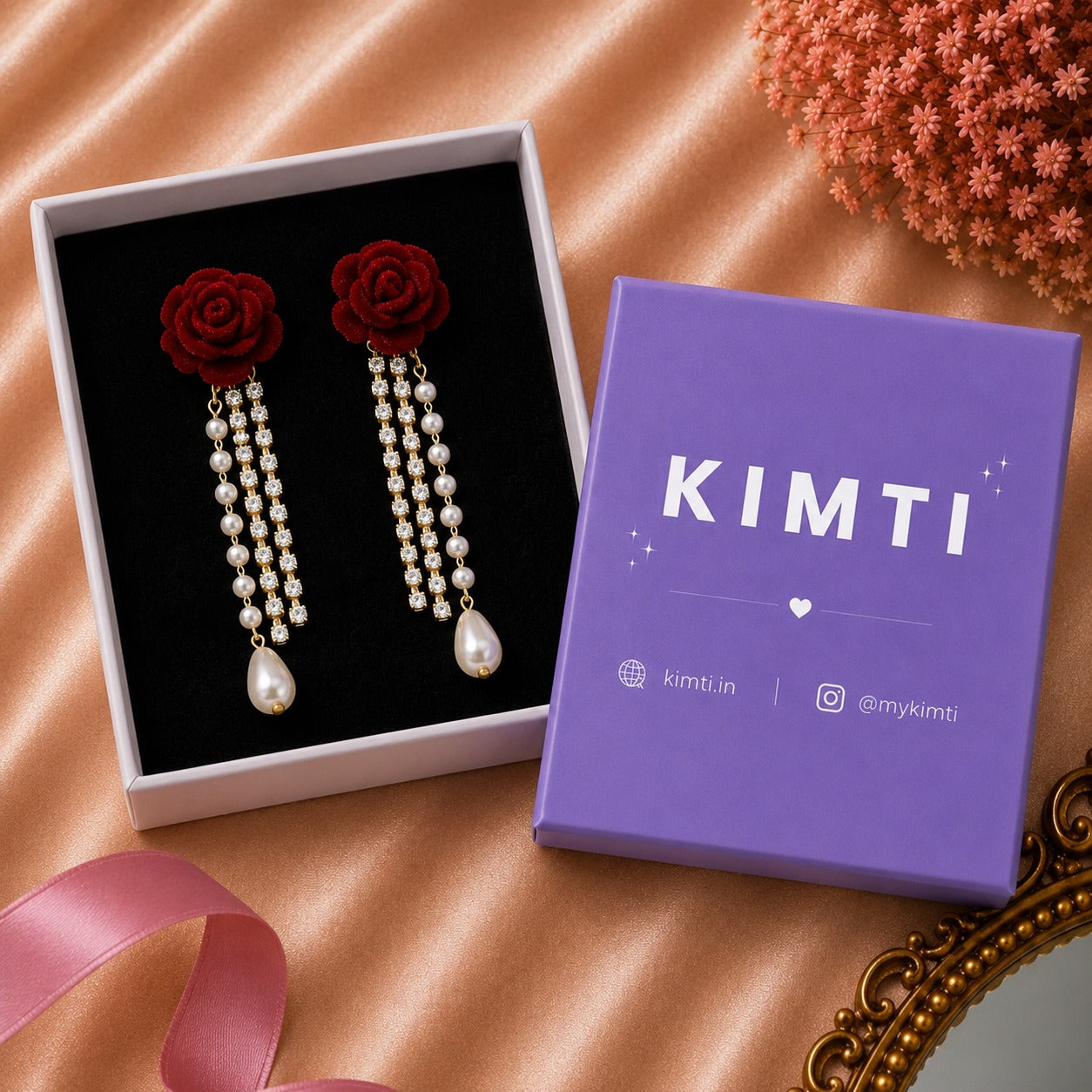 Wine Red Flocking Bow Pearl Tassel Earrings
