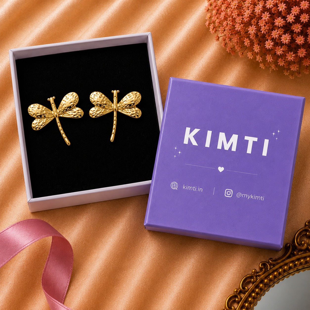 18K Gold Plated Golden Dragonfly Charm Earrings