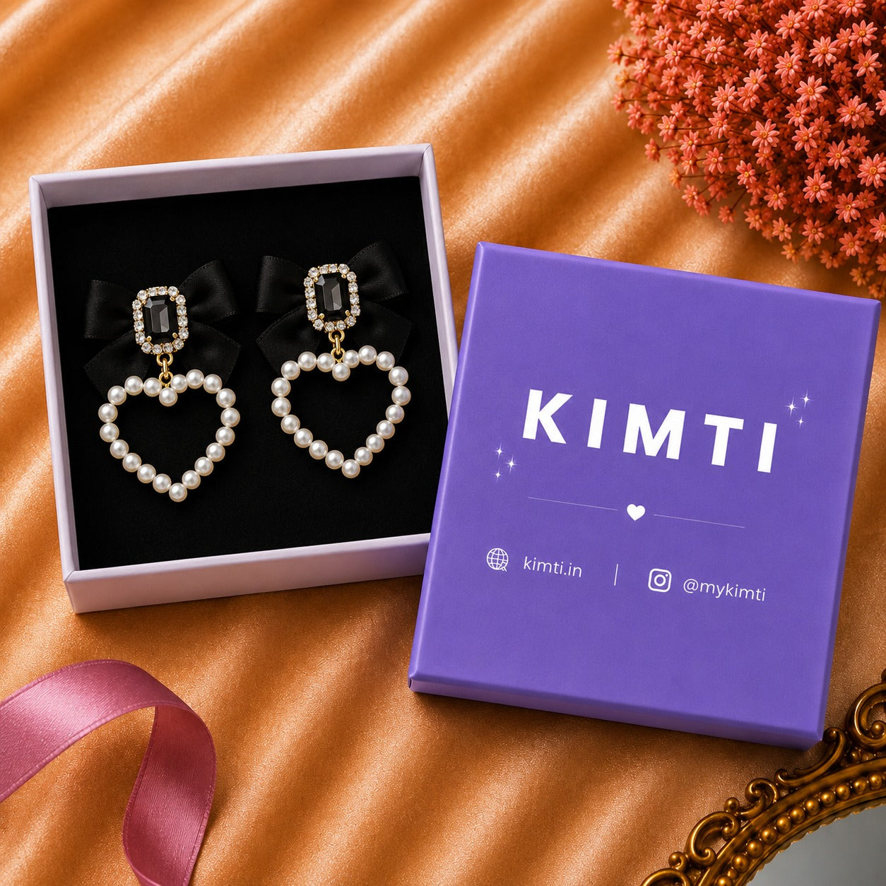 Black Bow Pearl Heart Earrings
