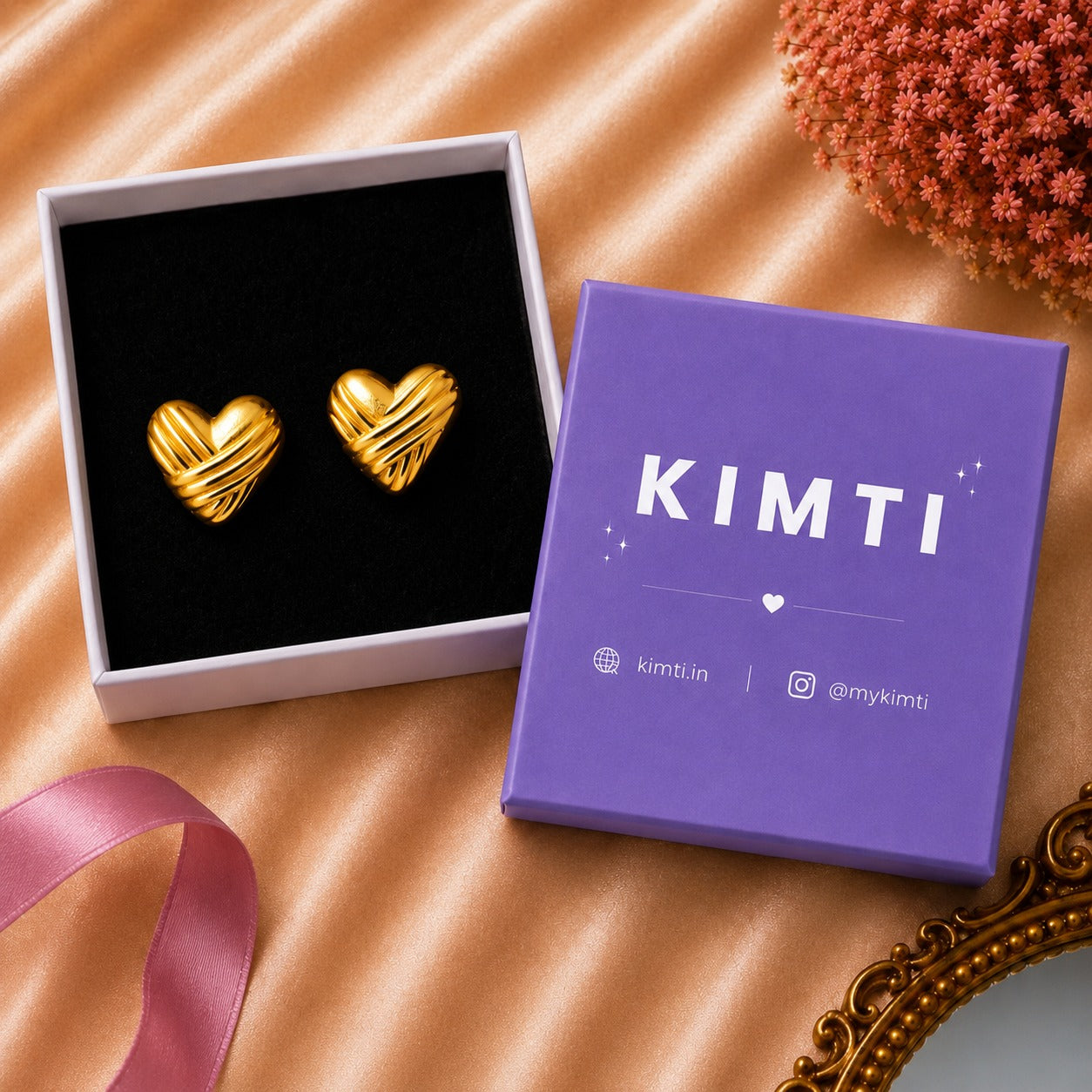 18K Gold Plated Heart Textured lines Stud Earrings