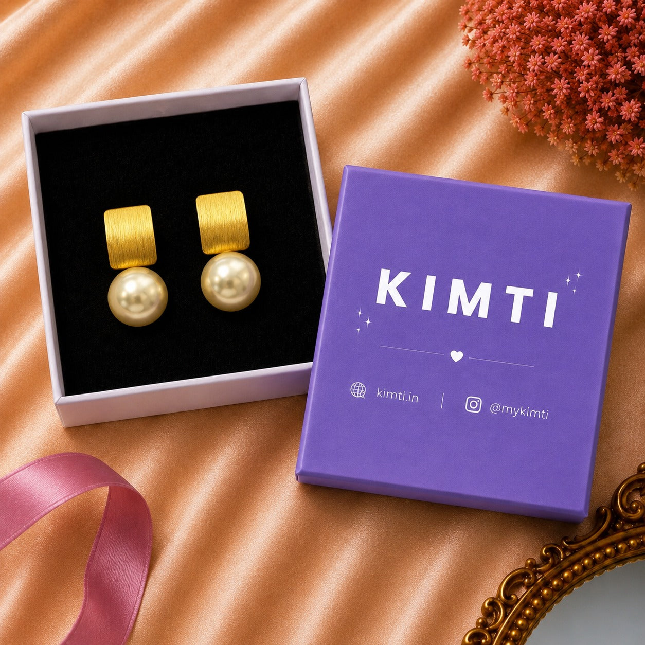 Gold Rectangular Pearl Stud Earring