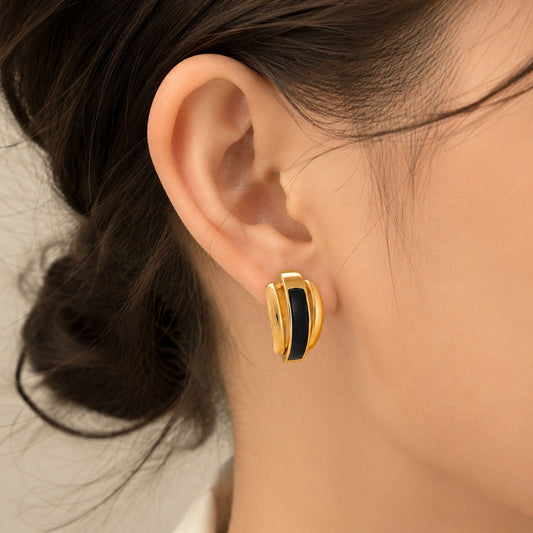 18K Gold Plated Black Enamel Gold Hoop Studs Earring