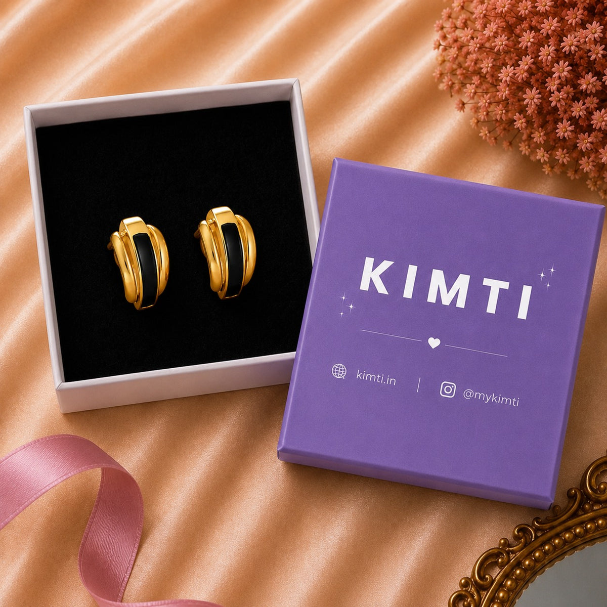 18K Gold Plated Black Enamel Gold Hoop Studs Earring