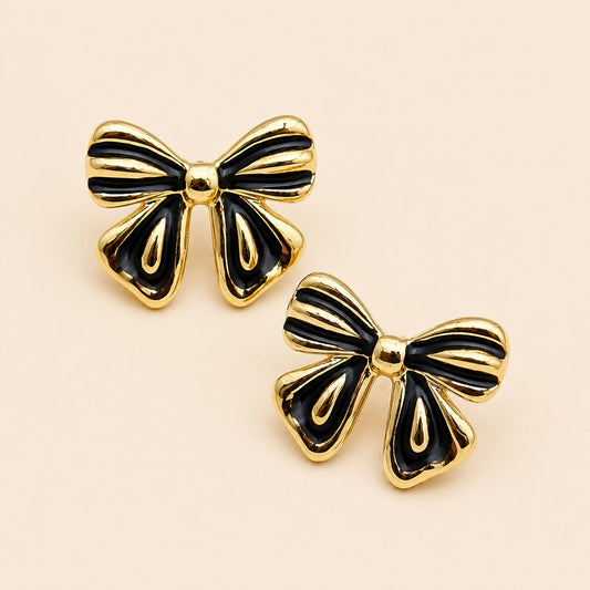 18K Gold Plated Black & Gold Ribbon Studs Earring