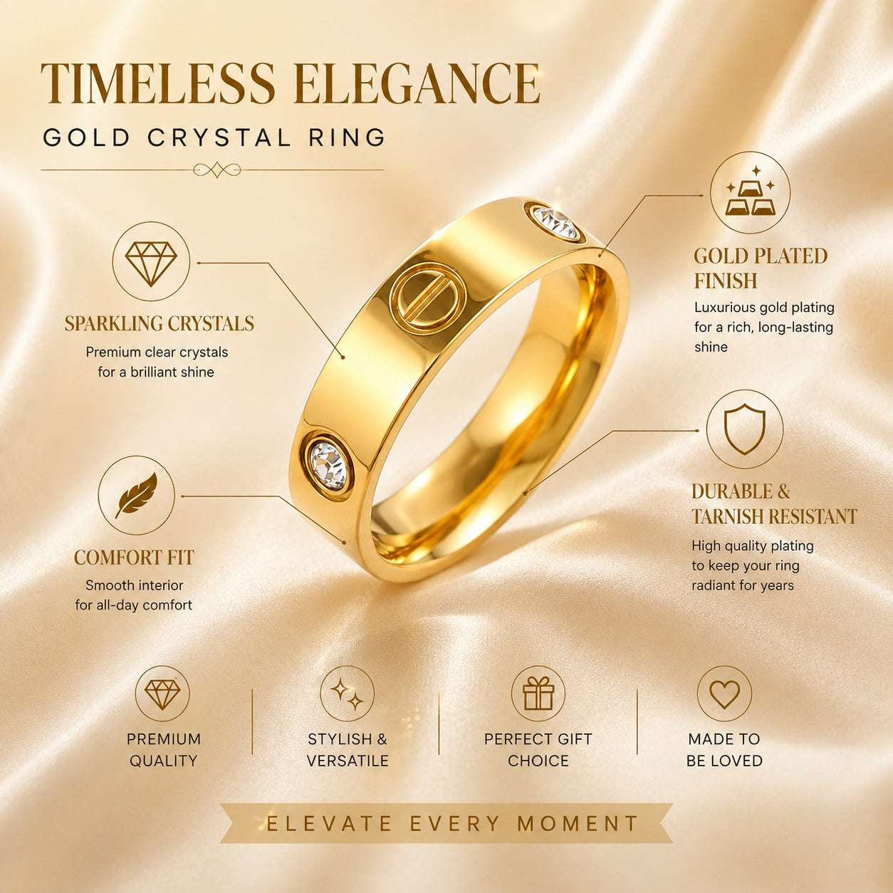 Golden Screw Crystal Band Ring (Size 16, 17, 19)