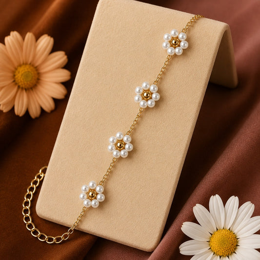 Golden Daisy Pearl Charm Bracelet