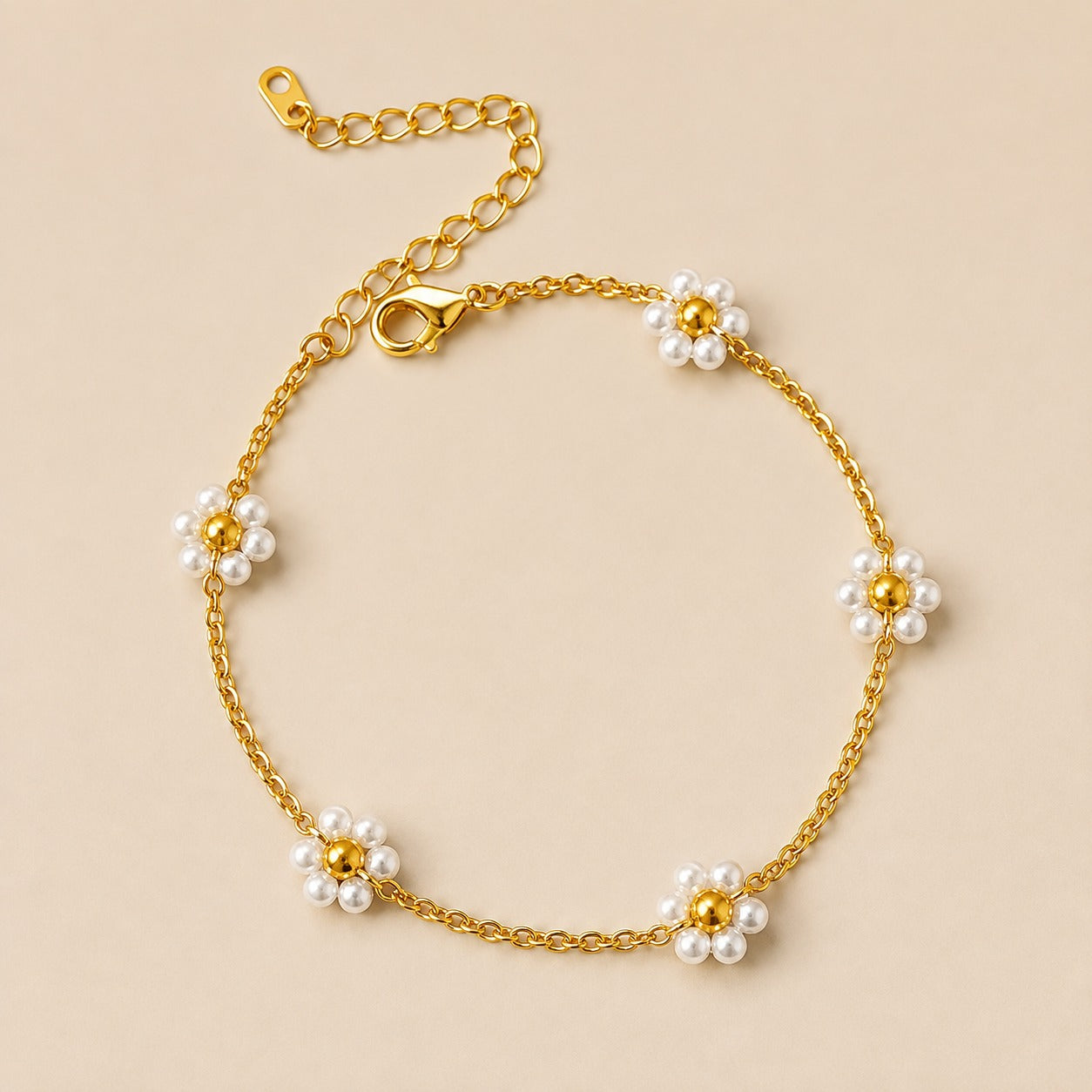 Golden Daisy Pearl Charm Bracelet